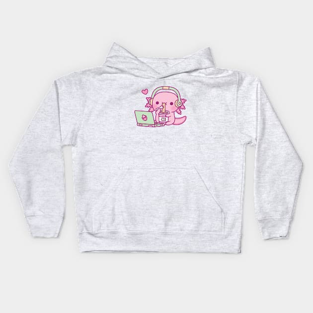 Cute Axolotl Loves Instant Noodles And Anime Kids Hoodie by rustydoodle
